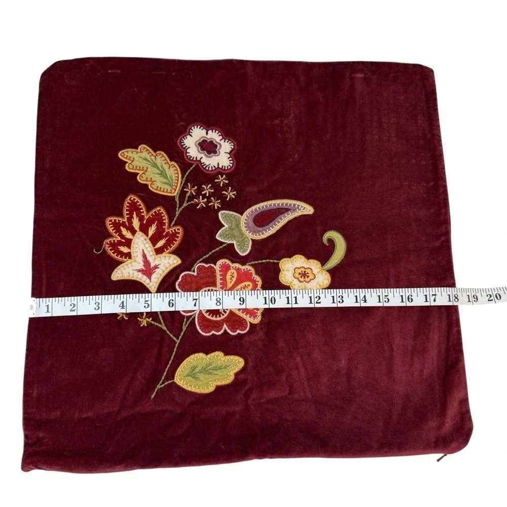 Pottery Barn Embroidered Fall Pillow Cover Velvet Floral 18x18 CottageCore Red